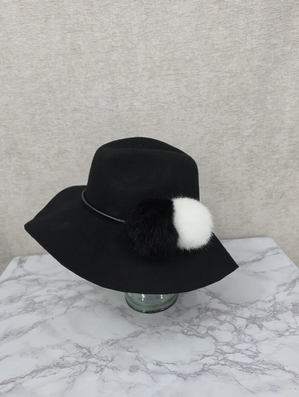 Echo Wool Cloche Floppy Brim Hat Leather Band with Rabbit Fur Pom Poms Black